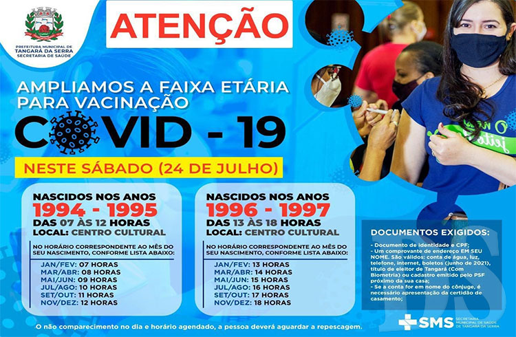 AMPLIAÇÃO - Nascidos entre 1994 e 1997 serão vacinados neste sábado em Tangará da Serra