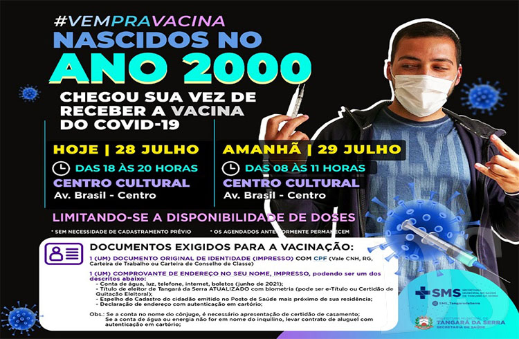 Covid-19 - Tangará da Serra promove imunização de nascidos em 2000 a partir das 18h desta quarta