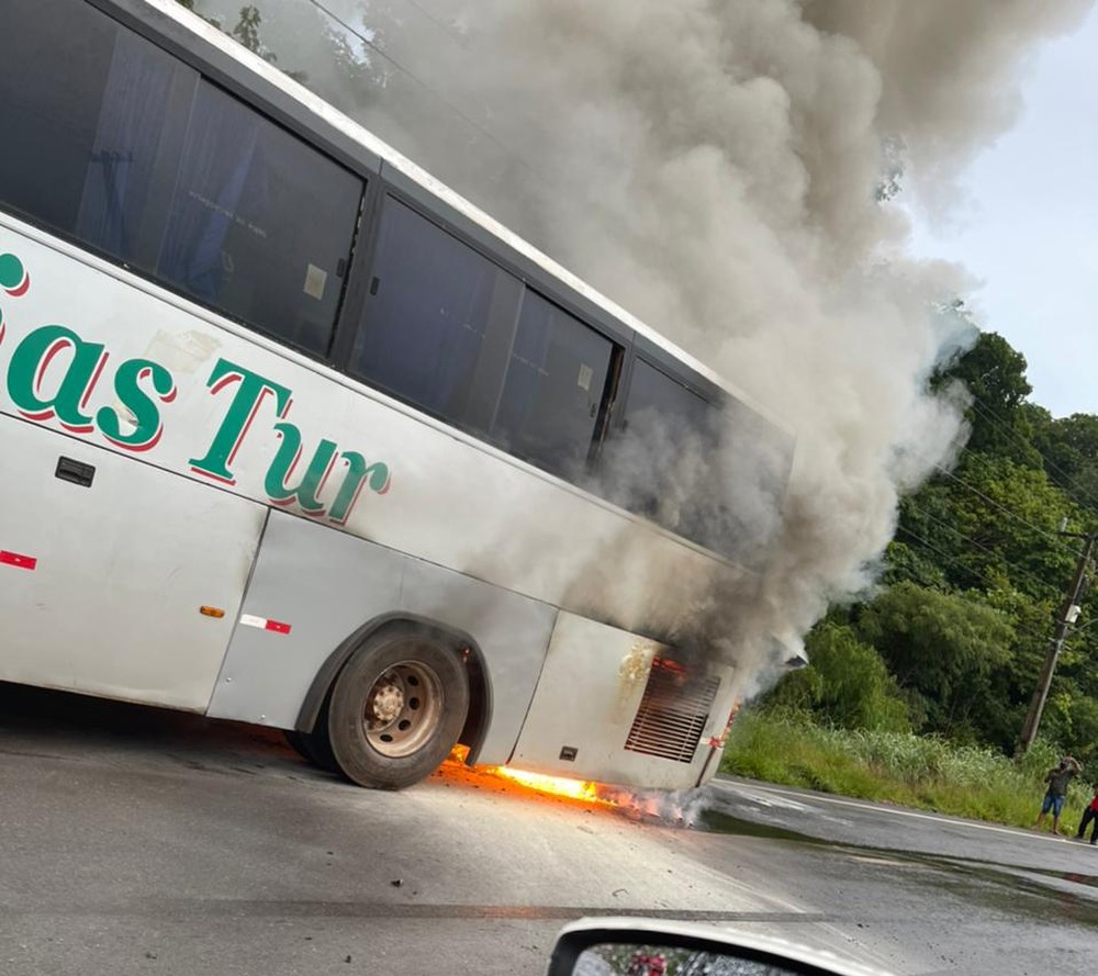 DIAMANTINO - Ônibus que transportava 40 funcionários de empresa de alimentos pega fogo em rodovia