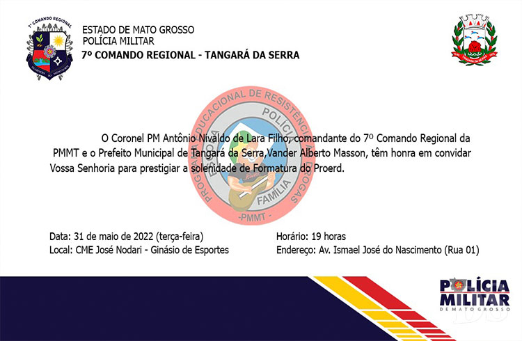 EM TANGARÁ DA SERRA – Cerca de 800 alunos participarão da formatura do Proerd