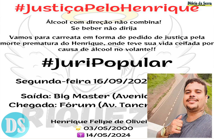 CARREATA – Manifesto por Henrique Felipe acontece nesta segunda para pedir que suspeito do crime vá a júri popular