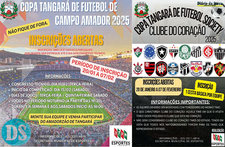 Abertas inscrições para Copa Tangará de Futebol Society e de Campo Amador