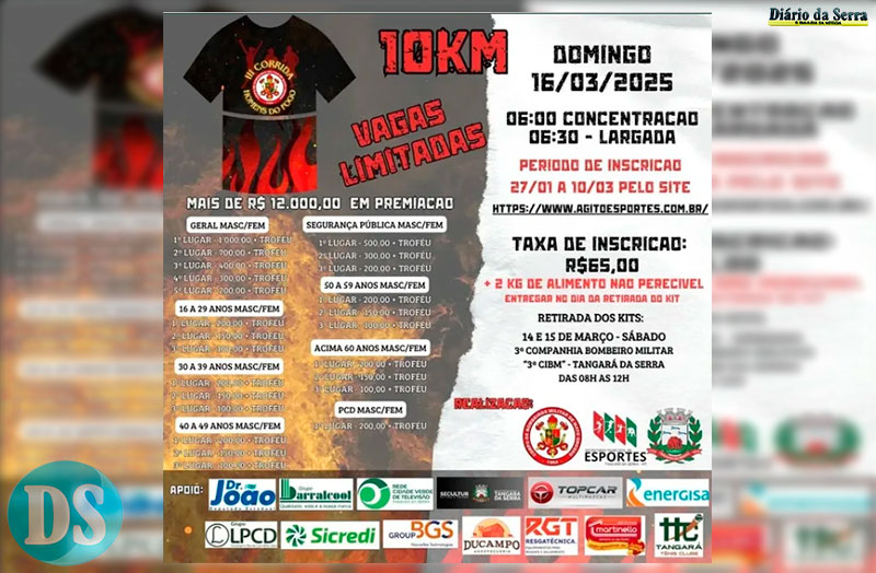 ATÉ DIA 10 DE MARÇO - Inscrições para 3° Corrida Homens do Fogo - Tangará da Serra seguem abertas