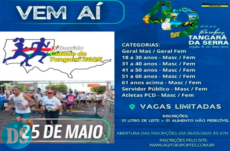 Município comemora aniversário com a IX Corrida Cidade de Tangará neste domingo