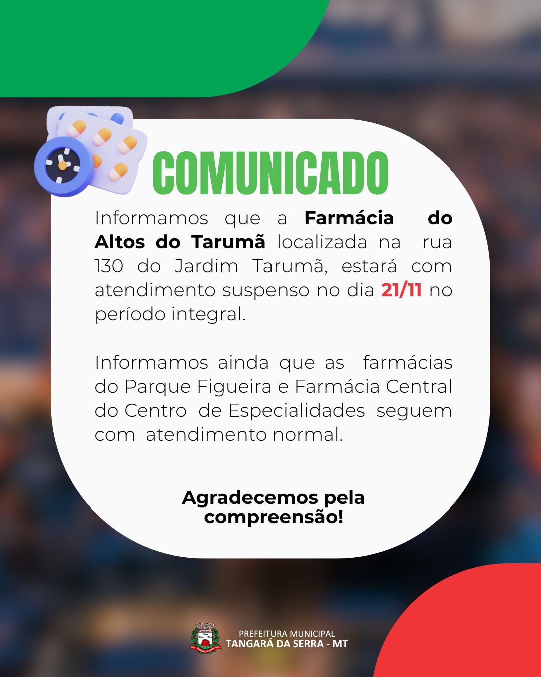 Farmácia da USF Altos do Tarumã terá atendimento suspenso nesta sexta