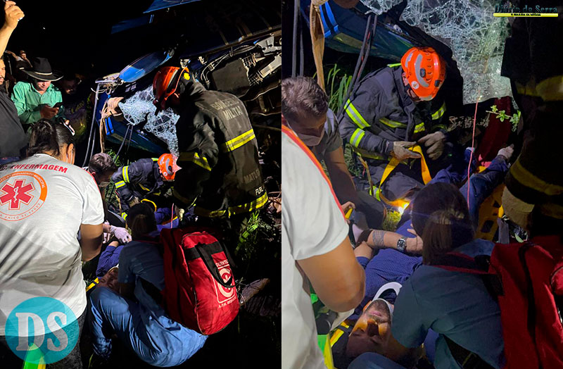 TANGARÁ X SANTO AFONSO – Caminhão com boiada tomba e motorista fica preso em ferragens, sendo socorrido pelo Corpo de Bombeiros