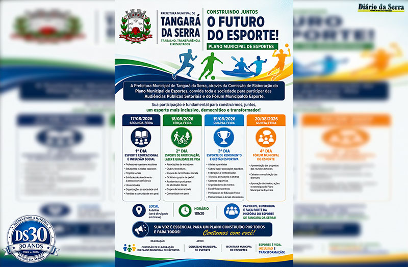 TANGARÁ - Município realizará Fórum Municipal do Esporte e Audiências Setoriais