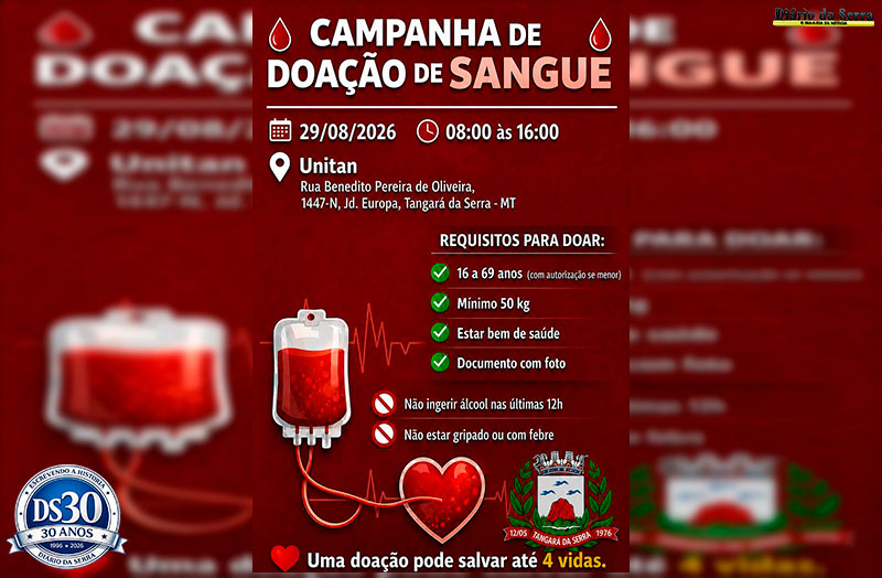 Campanha de doação de sangue acontece neste sábado em Tangará