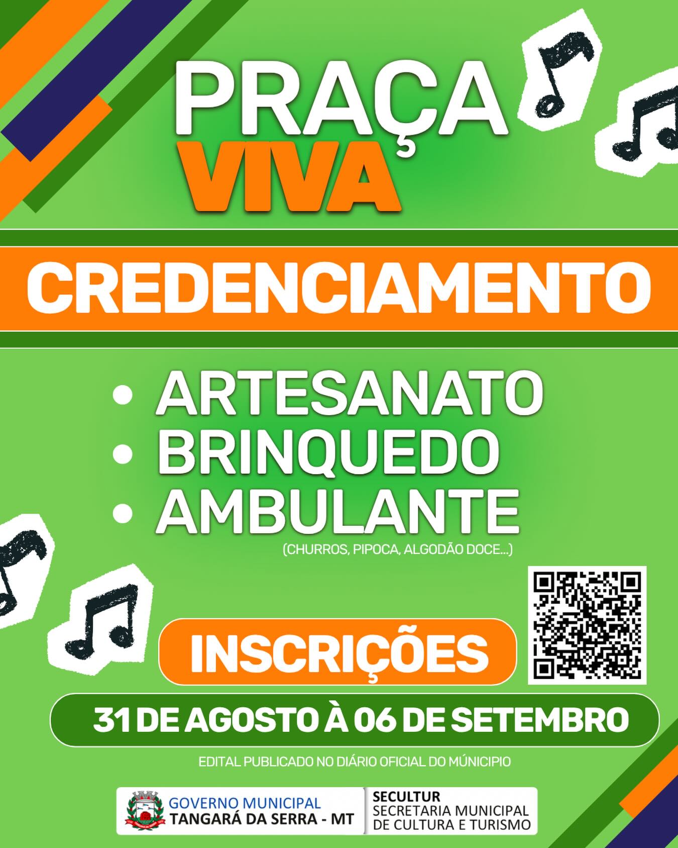 PARA SETEMBRO - Praça Viva abre  credenciamento para  ambulantes, artesãos e  comerciantes em Tangará