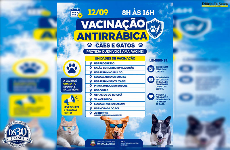 NESTE SÁBADO - Vacinação antirrábica terá 12 pontos  de atendimento em  Tangará da Serra
