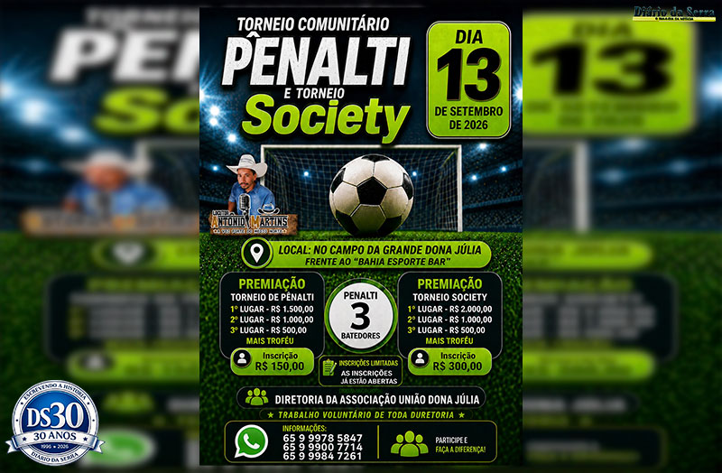 PÊNALTI E SOCIETY - Inscrições para  torneios comunitários do Dona Júlia terminam  nesta sexta-feira