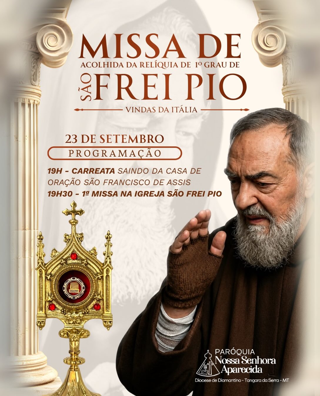 NESTA QUARTA-FEIRA - Tangará da Serra recebe relíquia de primeiro grau de São Frei Pio