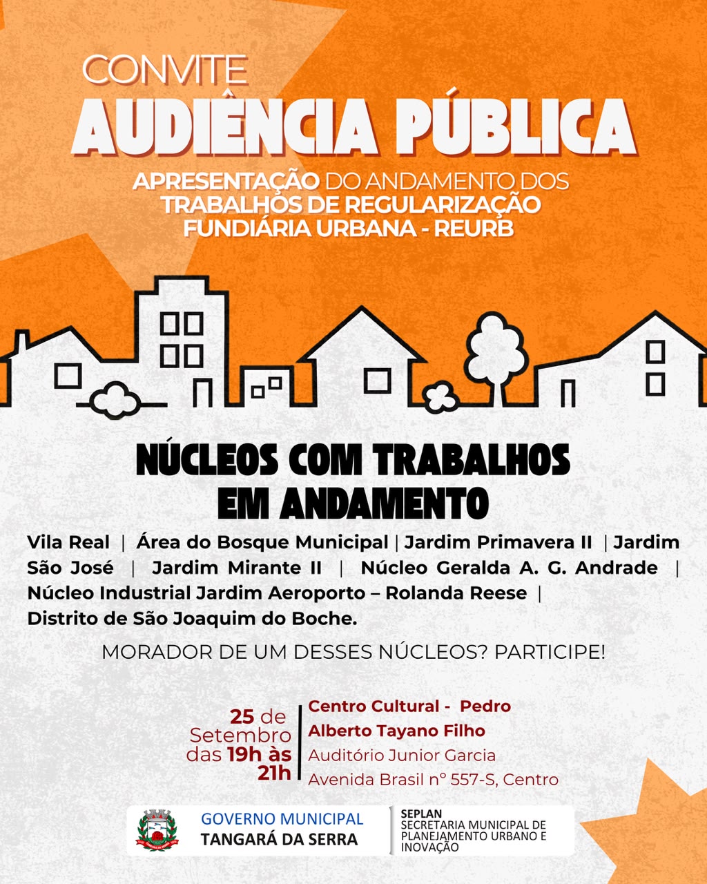 REURB - Tangará da Serra realiza Audiência Pública sobre Regularização Fundiária nesta sexta-feira