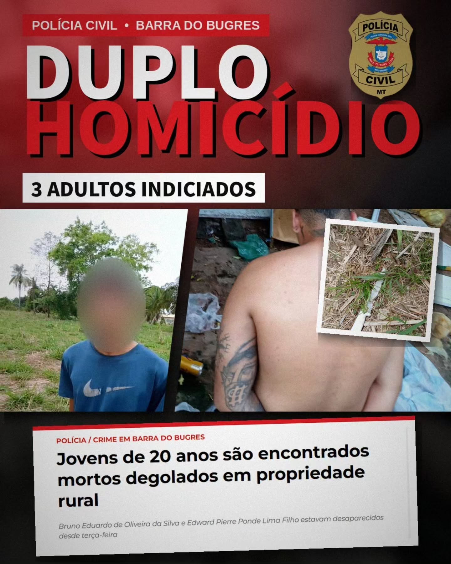 1º DE ABRIL DE 2026 - Polícia Civil indicia três adultos por duplo homicídio em Barra do Bugres; dois adolescentes também foram identificados