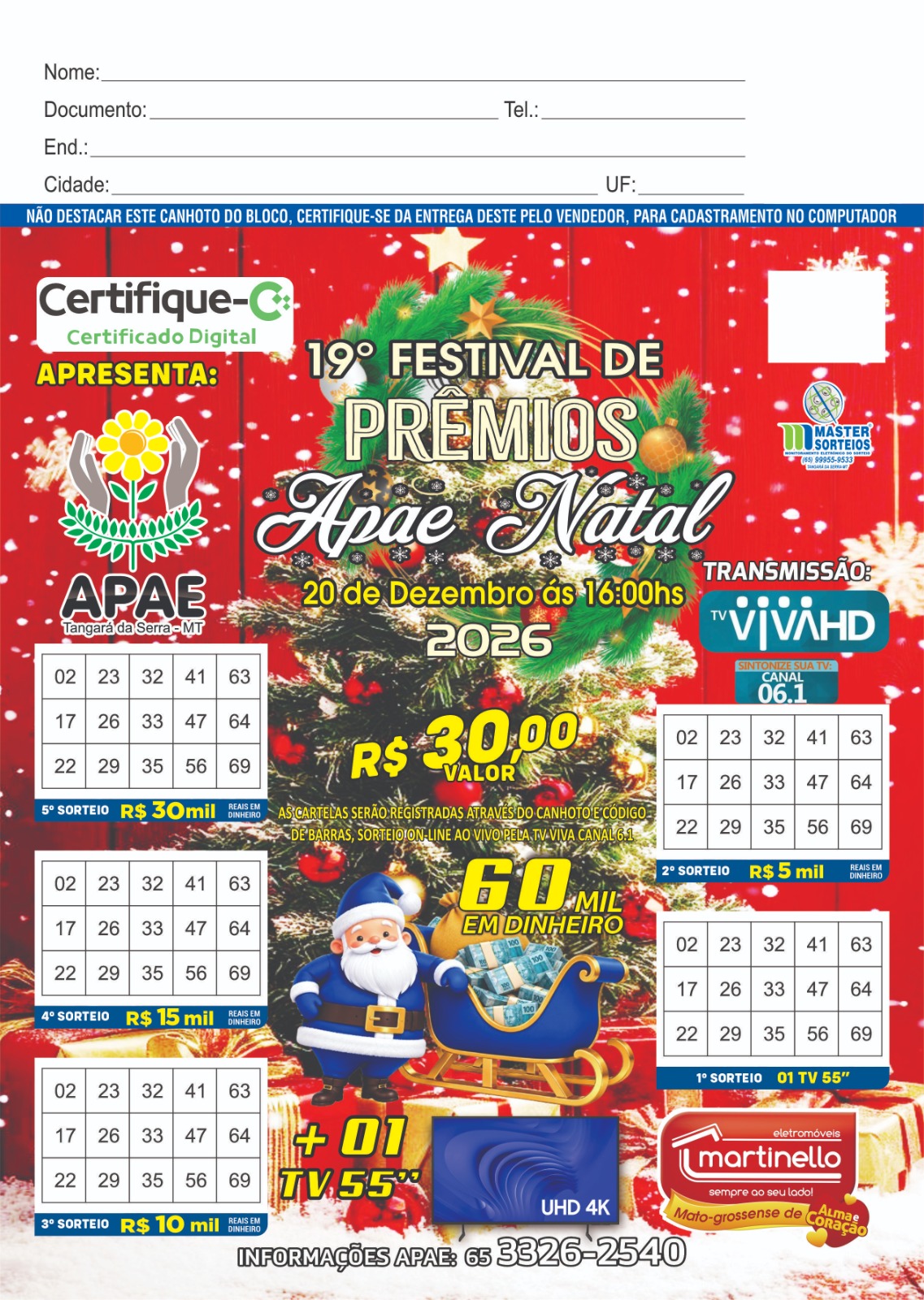 TANGARÁ DA SERRA - Apae sorteia R$ 60 mil e TV de 55 polegadas em Festival de Prêmios